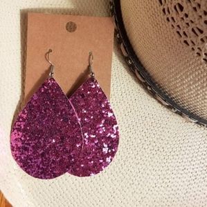Purple Glittery Faux Leather Teardrop Earrings